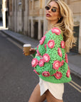 Statement Crochet Flower Cardigan – Green & Pink