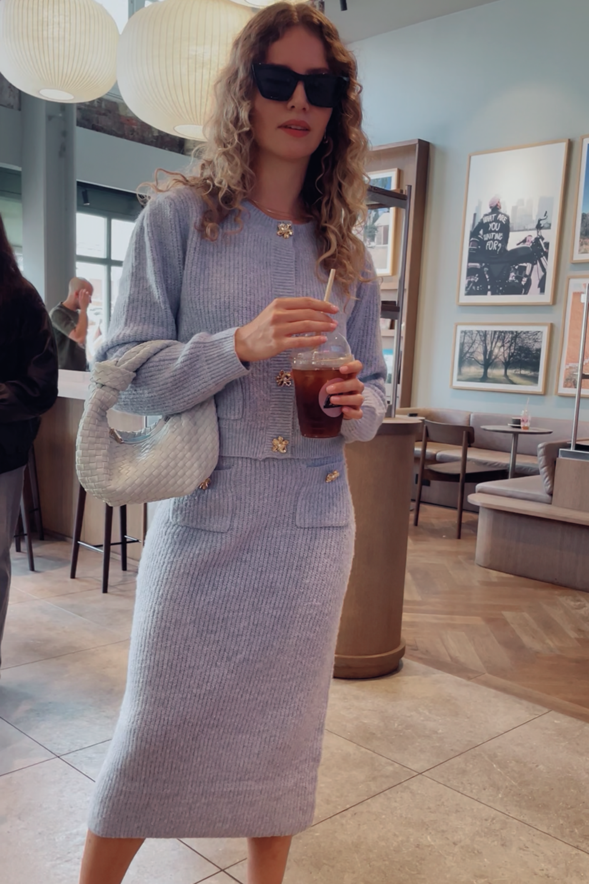 Cosy Knit Co-ords set with Floral button design in pale blue