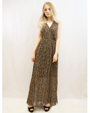 Chiffon Cross Wrap Maxi Dress Brown Leopard