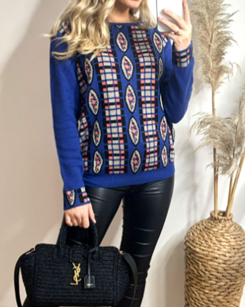 Metallic gold trims Fair isle Print Jumper