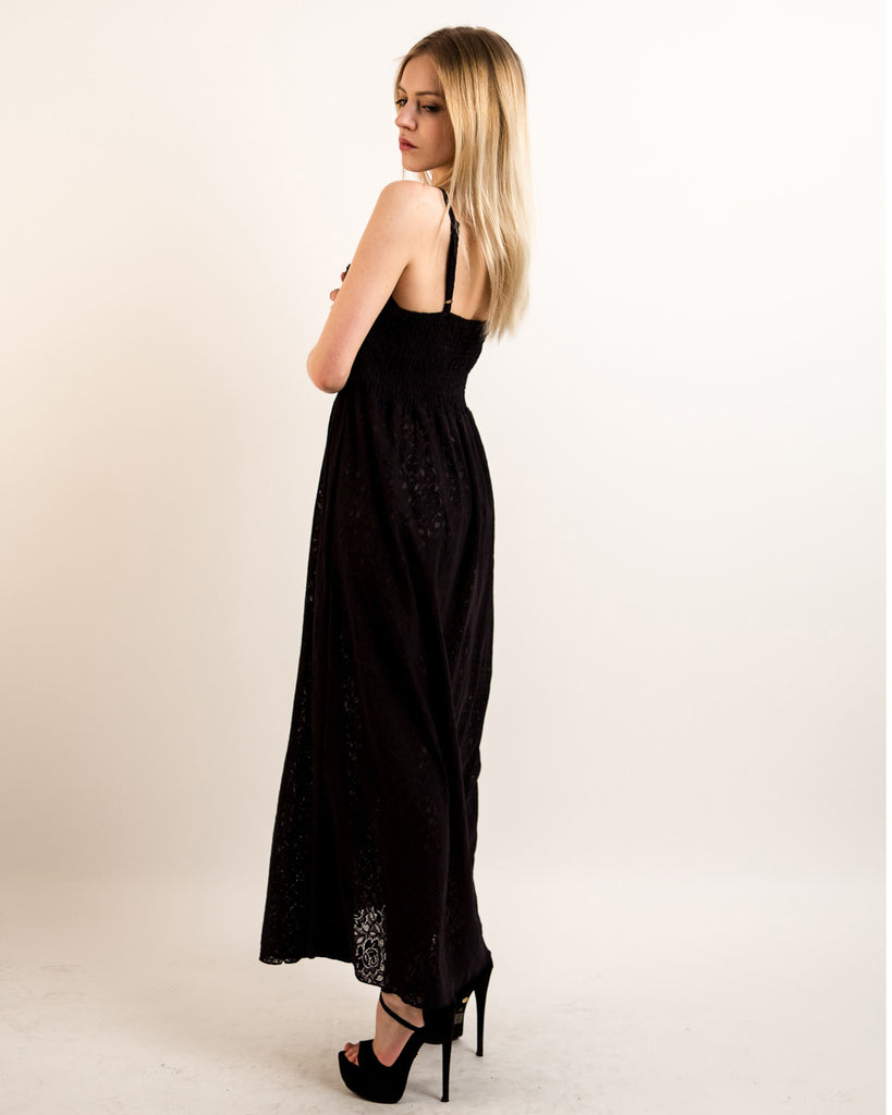 Pleated Bust & Sweetheart Neckline Maxi Dress (Black Lace)