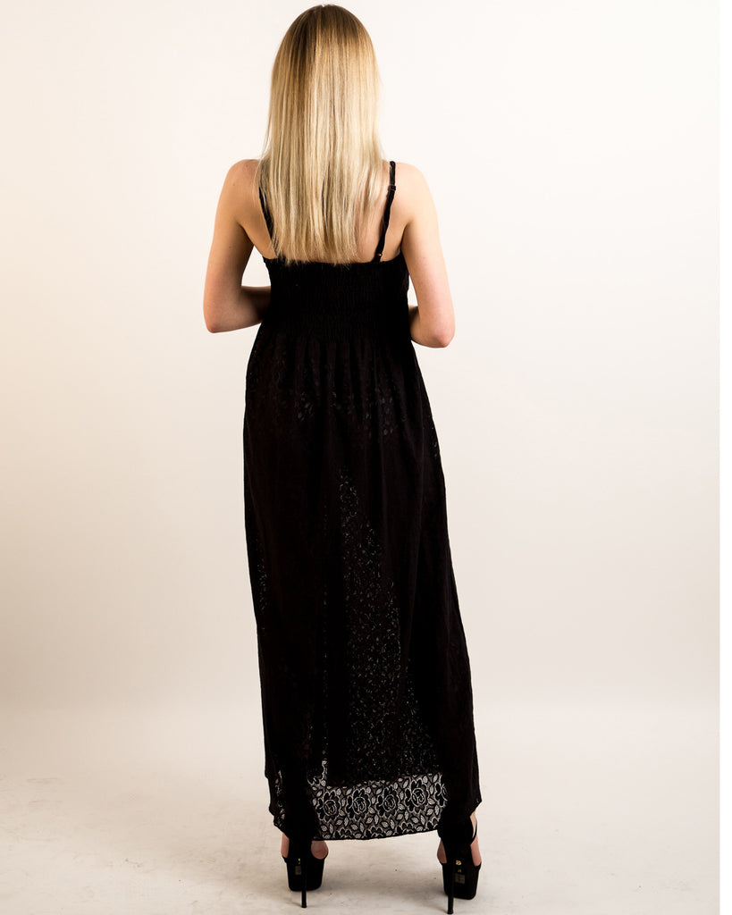 Pleated Bust & Sweetheart Neckline Maxi Dress (Black Lace)