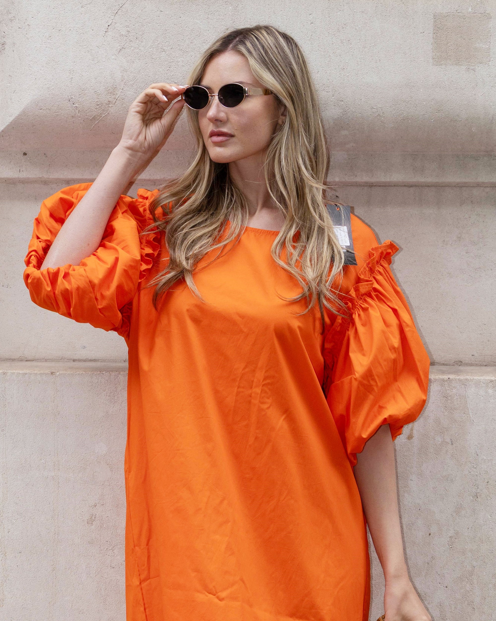 oversized orange dress Orange Cotton Midi Dress with Oversized Ruffle Design YLISTYLE