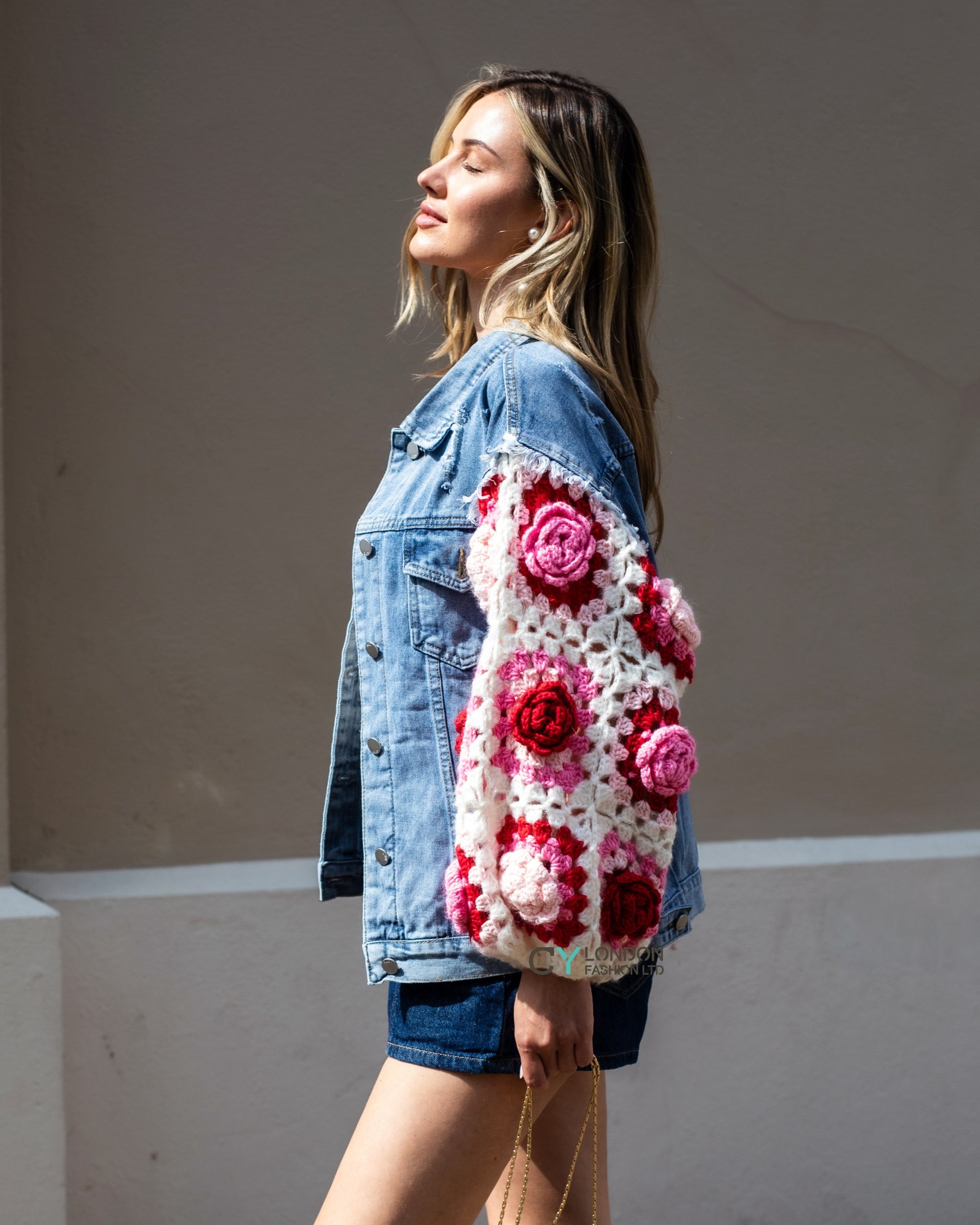 Handknit Floral Patten Sleeves Denim Jacket in Pink