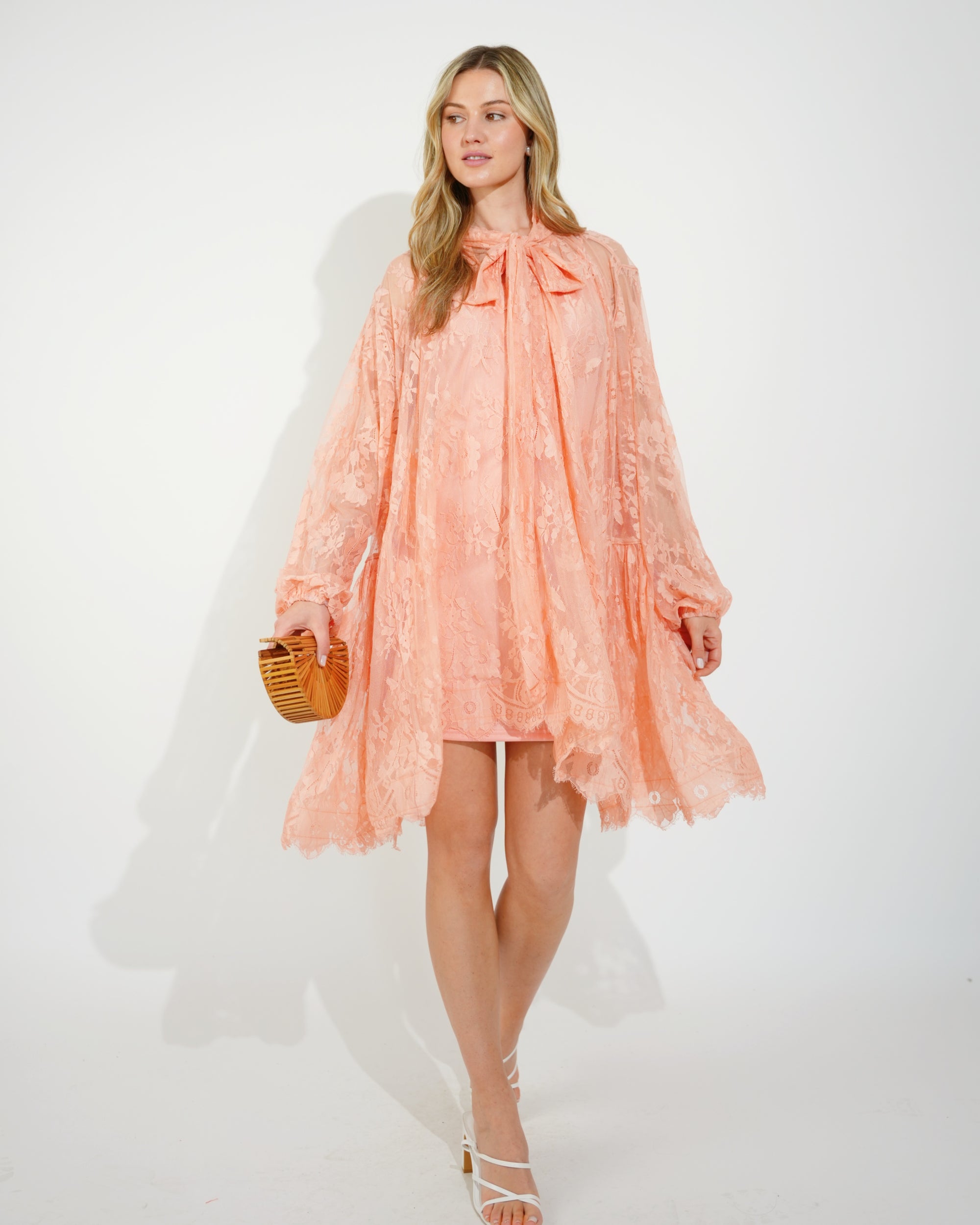 Floral Lace Long Blouseon Sleeves Design Dress In Peach orange CYLONDON Floral Lace Long Blouseon Sleeves Design Dress In Peach orange CYLONDON
