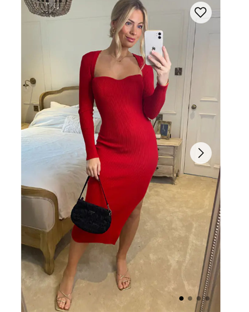 Soft Knitted Ribbed Midi Bodycon Dress Long Sleeve In RED