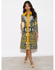 Golden Geometry Print Shirt Dress with Contrast Yellow Collar