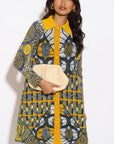 Golden Geometry Print Shirt Dress with Contrast Yellow Collar