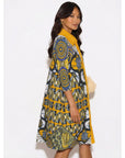 Golden Geometry Print Shirt Dress with Contrast Yellow Collar
