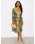 Golden Geometry Print Shirt Dress with Contrast Yellow Collar