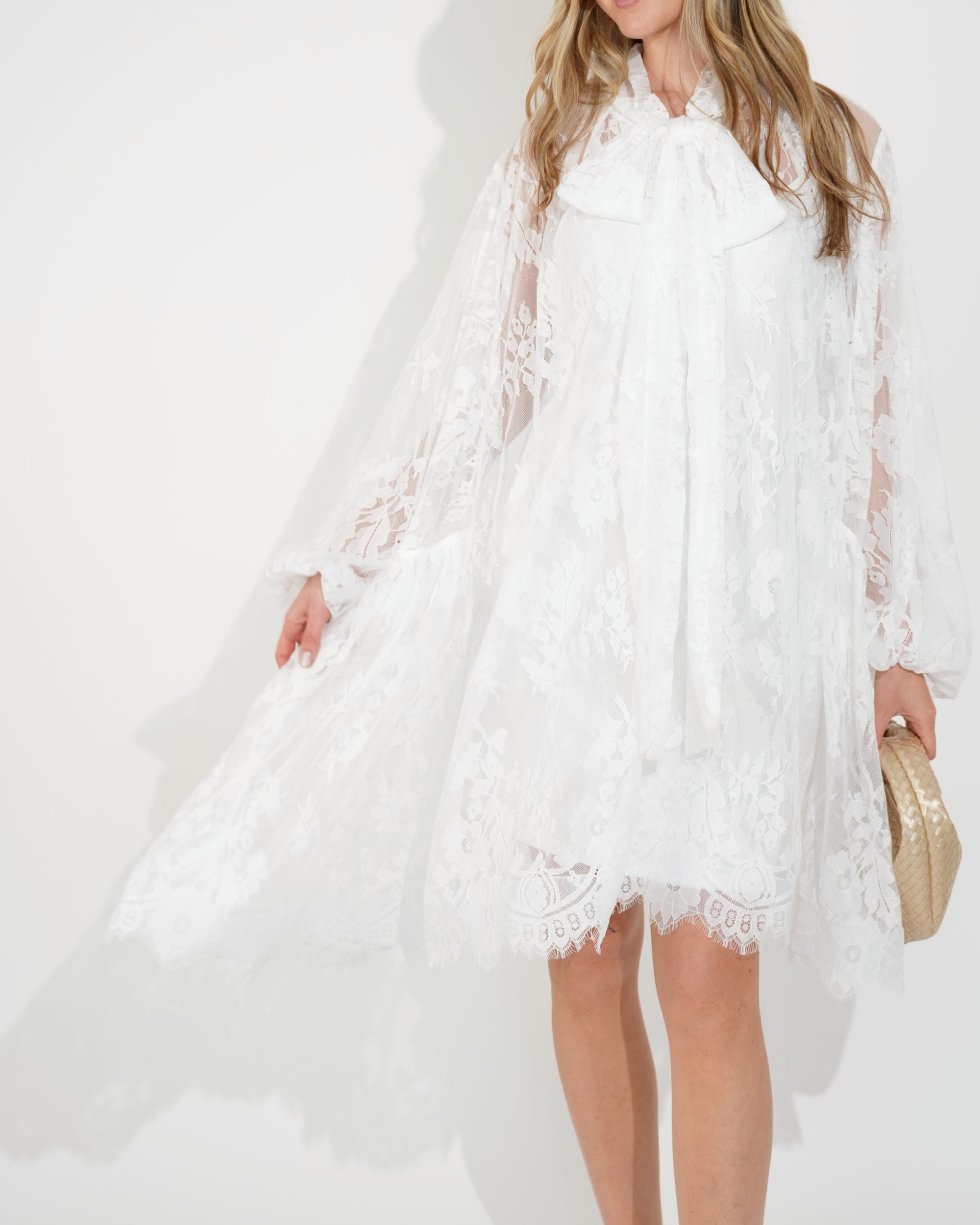 Floral Lace Long Blouseon Sleeves Design Dress In White