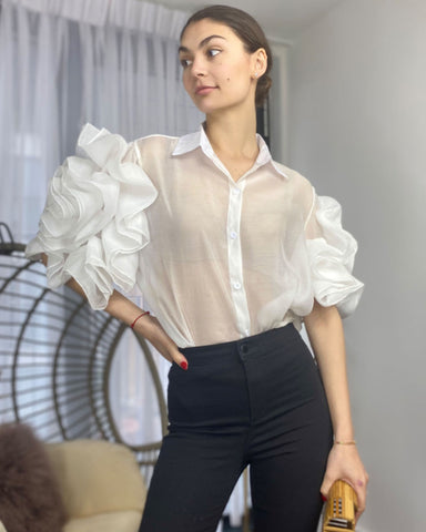 Double Layered Ruffles statements sleeves shirt top in white