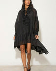 Rose Floral Tie-Neck Oversized Midi Dress In Black