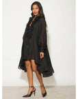 Rose Floral Tie-Neck Oversized Midi Dress In Black