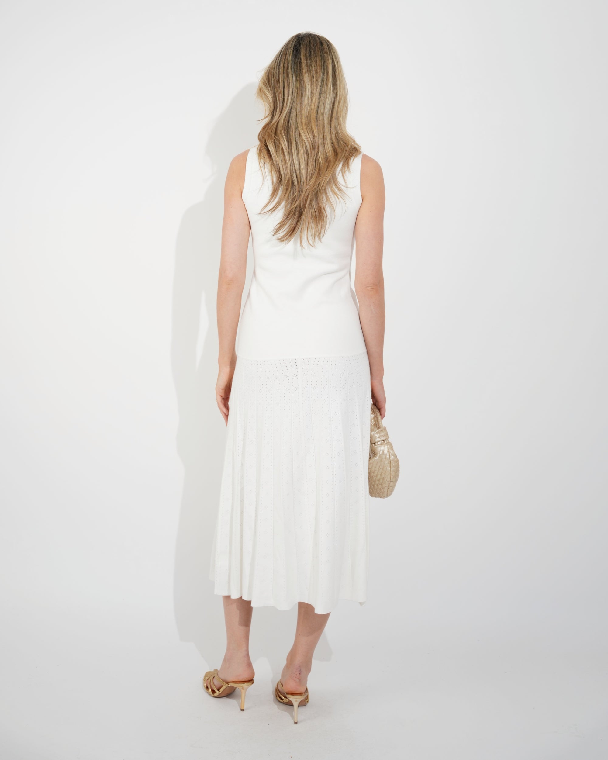 Pearl Bead Pointelle knit bodycon midi dress in White
