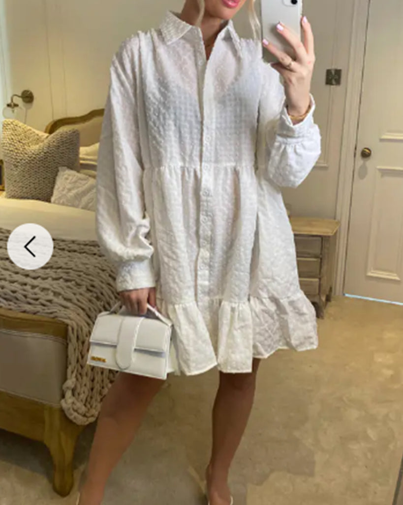 White color Oversized shirt dress in pop pattern fabric in ruffle hem design