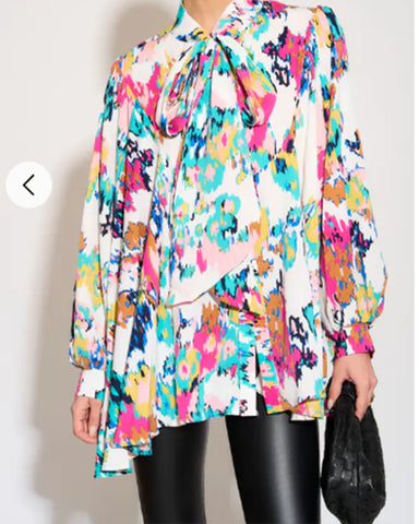 Wild Bloom multi color print oversized shirt with tie up bow design in White