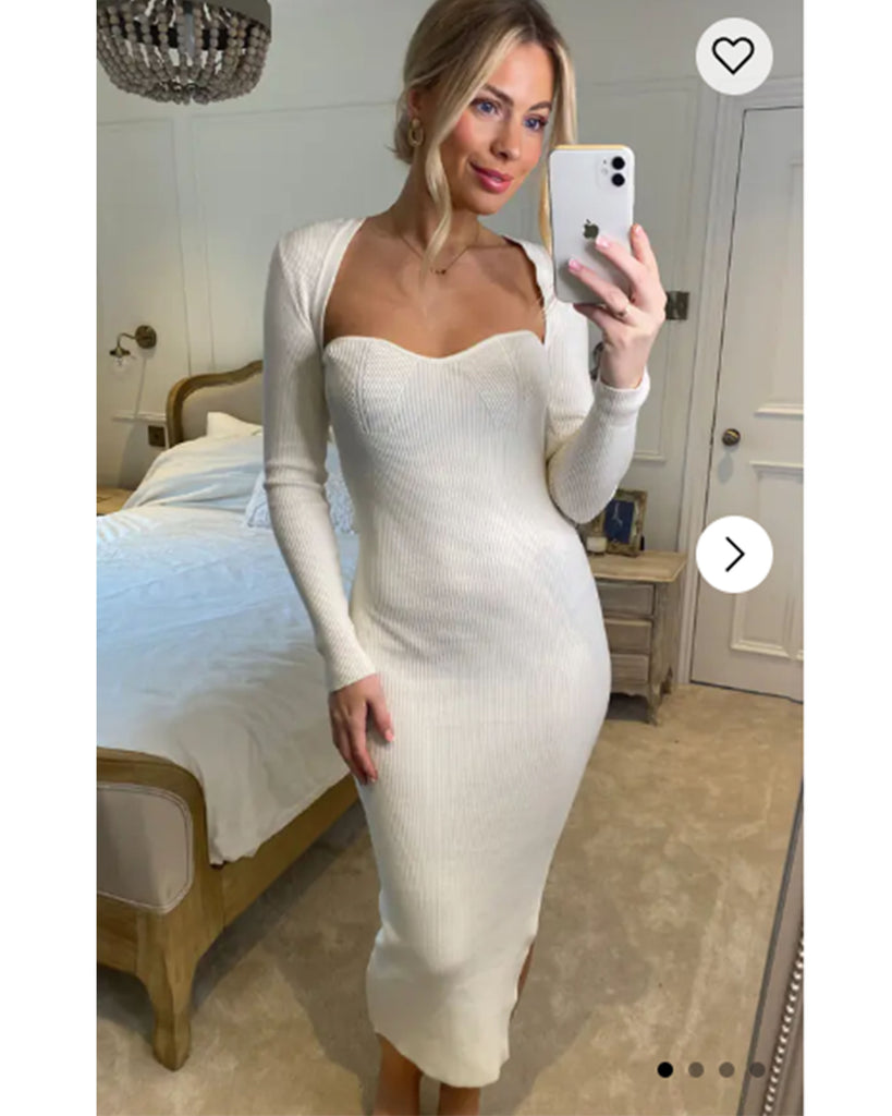 Soft Knitted Ribbed Midi Bodycon Dress Long Sleeve In WHITE