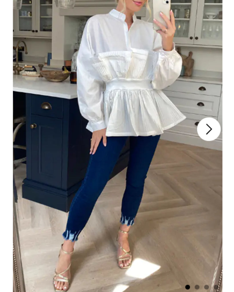 Ruffle design around chest and hem cotton shirt in white – CYLONDON