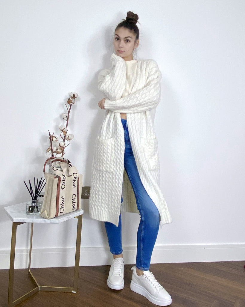 Cable knit design wool-blended long oversized cardigan in White
