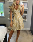 Beige Abstract Print V-Neck Skater Mini Dress