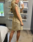 Beige Abstract Print V-Neck Skater Mini Dress