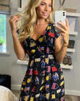 Scarf print A-line dress in black color