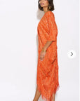 Layers Multi Fringed Tassel Pleated Midi Dress in Orange