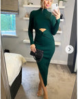 Soft Knitted Ribbed Midi Bodycon front OR back cut out design Dress In Green