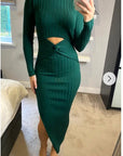 Soft Knitted Ribbed Midi Bodycon front OR back cut out design Dress In Green