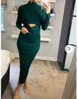 Soft Knitted Ribbed Midi Bodycon front OR back cut out design Dress In Green