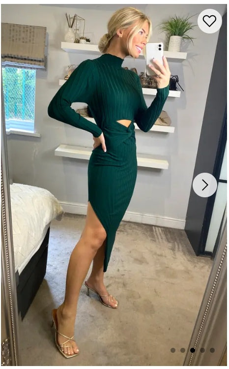 Soft Knitted Ribbed Midi Bodycon front OR back cut out design Dress In Green
