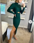 Soft Knitted Ribbed Midi Bodycon front OR back cut out design Dress In Green