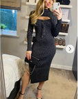 Lace up and cut out design Metallic midi bodycon dress in Black