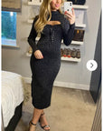 Lace up and cut out design Metallic midi bodycon dress in Black