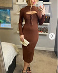Lace up and cut out design Metallic midi bodycon dress in Brown