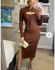 Lace up and cut out design Metallic midi bodycon dress in Brown