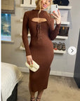 Lace up and cut out design Metallic midi bodycon dress in Brown