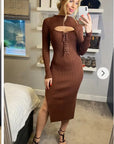 Lace up and cut out design Metallic midi bodycon dress in Brown