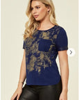 Gold Print T-shirt with Pocket (Navy)