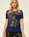 Gold Print T-shirt with Pocket (Navy)