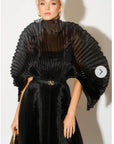 Pleated long dress with organza pleated cape sleeves in black