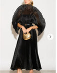 Pleated long dress with organza pleated cape sleeves in black