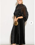 Pleated long dress with organza pleated cape sleeves in black