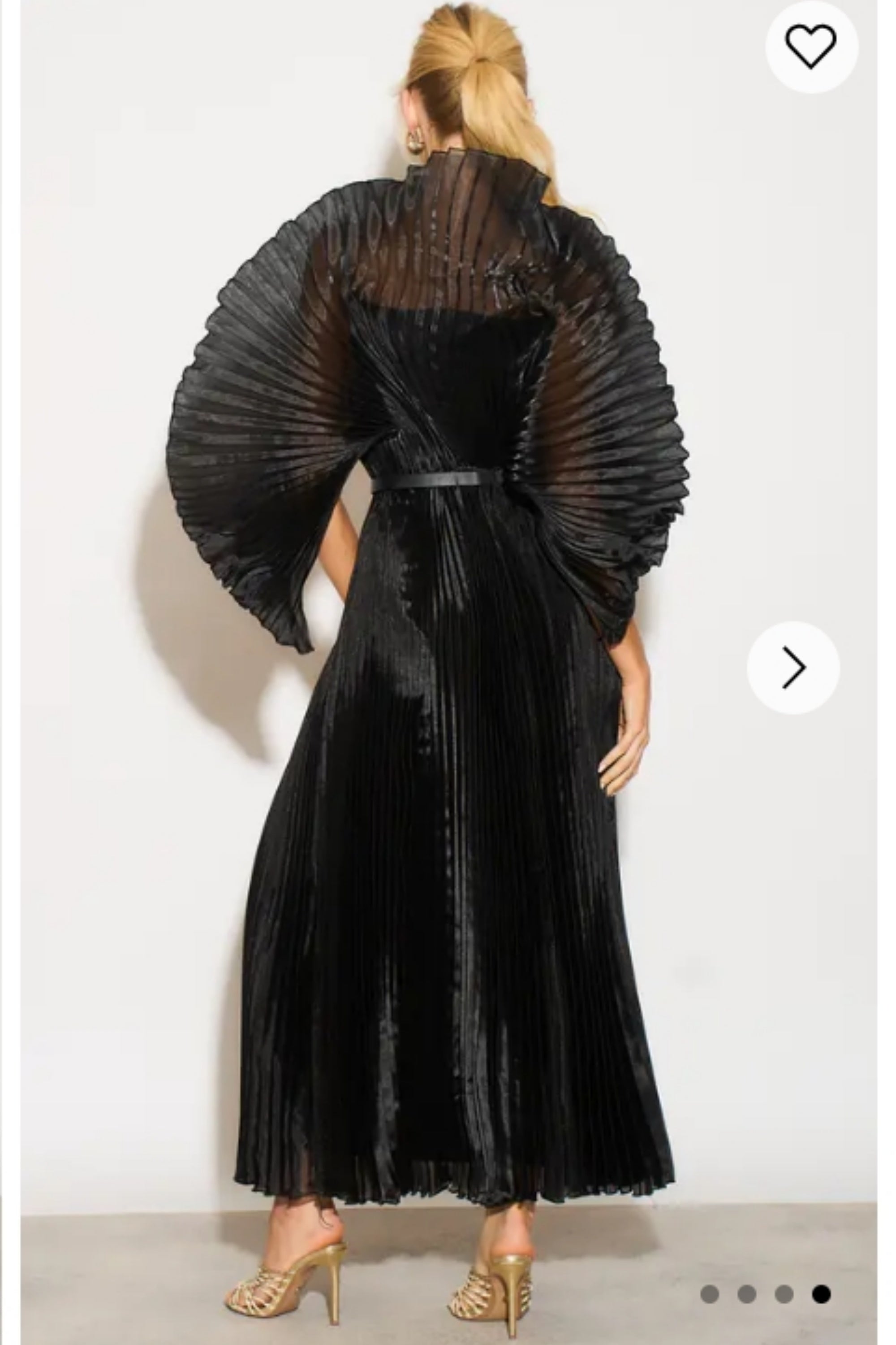 Pleated long dress with organza pleated cape sleeves in black