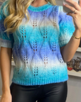 Tie dye effect rib knit short sleeves jumper top in blue