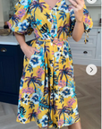 Oversized puff sleeve midi dress in Multi color floral print