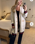 Jacquard design knit Long Cardigan with Gold Trim design in Cream