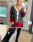 Leopard pattern design oversized cardigan with red hem