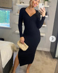 Soft Knitted Ribbed Midi Bodycon front twist design Dress In Black